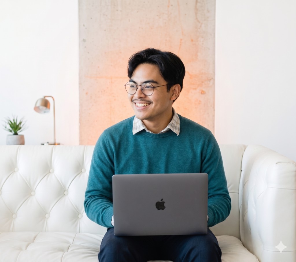 The founder of AXIS, smiling, seated on a cream-colored sofa with a laptop, working in a calm, light-filled room.